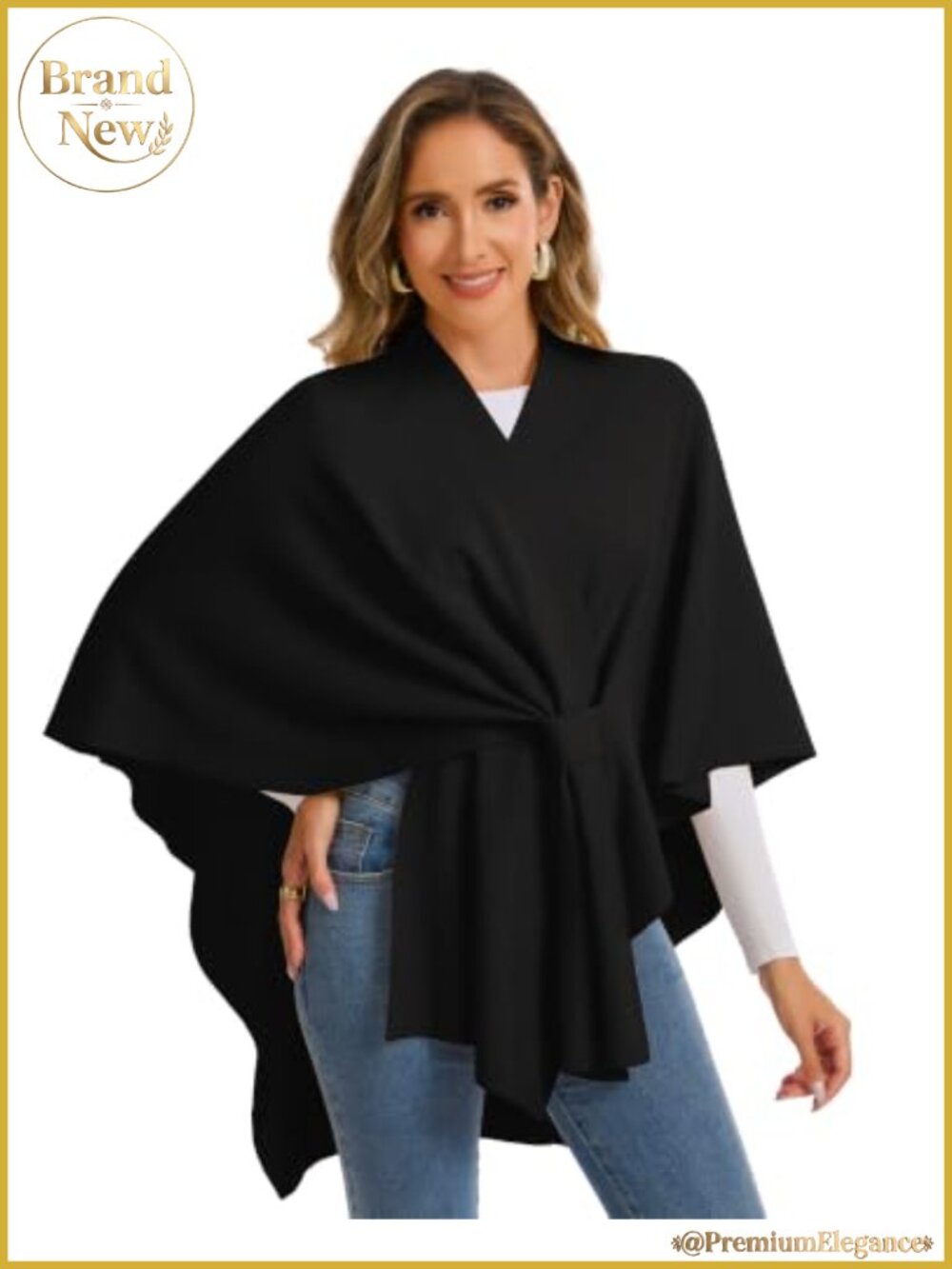 Cashmere Blend Shawl Wrap Open Front Poncho Sweater Knit Ruana